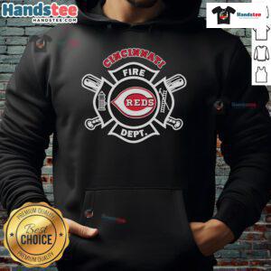 Official Cincinnati Reds Fire Dept hoodie worn by firefighters, showcasing team pride and fire safety in vibrant colors.