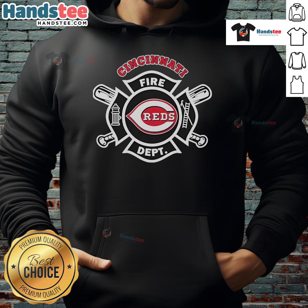 Official Cincinnati Reds Fire Dept hoodie worn by firefighters, showcasing team pride and fire safety in vibrant colors.