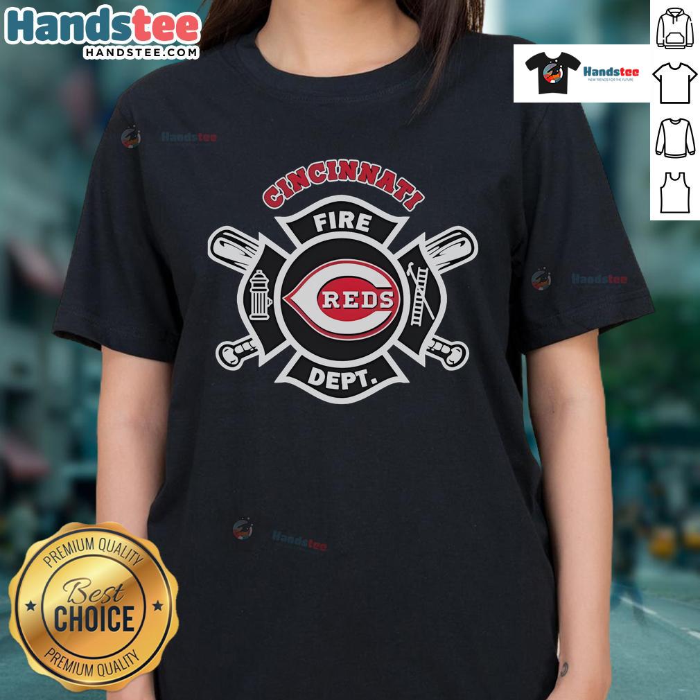 Official Cincinnati Reds Fire Dept. firefighters ladies tee featuring a stylish design for fans and supporters.