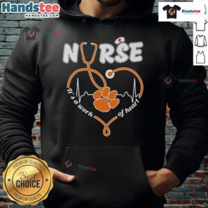 Official Clemson Tigers nurse hoodie featuring 'It's a Work of Heart' design, perfect for fans and healthcare professionals.