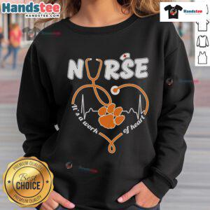 Alt Text: Official Clemson Tigers Nurse It's A Work Of Heart Sweatshirt featuring vibrant colors and a cozy design.