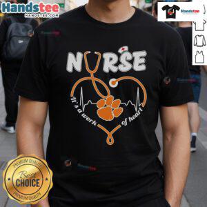 Alt Text: Official Clemson Tigers Nurse It's A Work of Heart T-Shirt showcasing Clemson pride and nursing dedication.