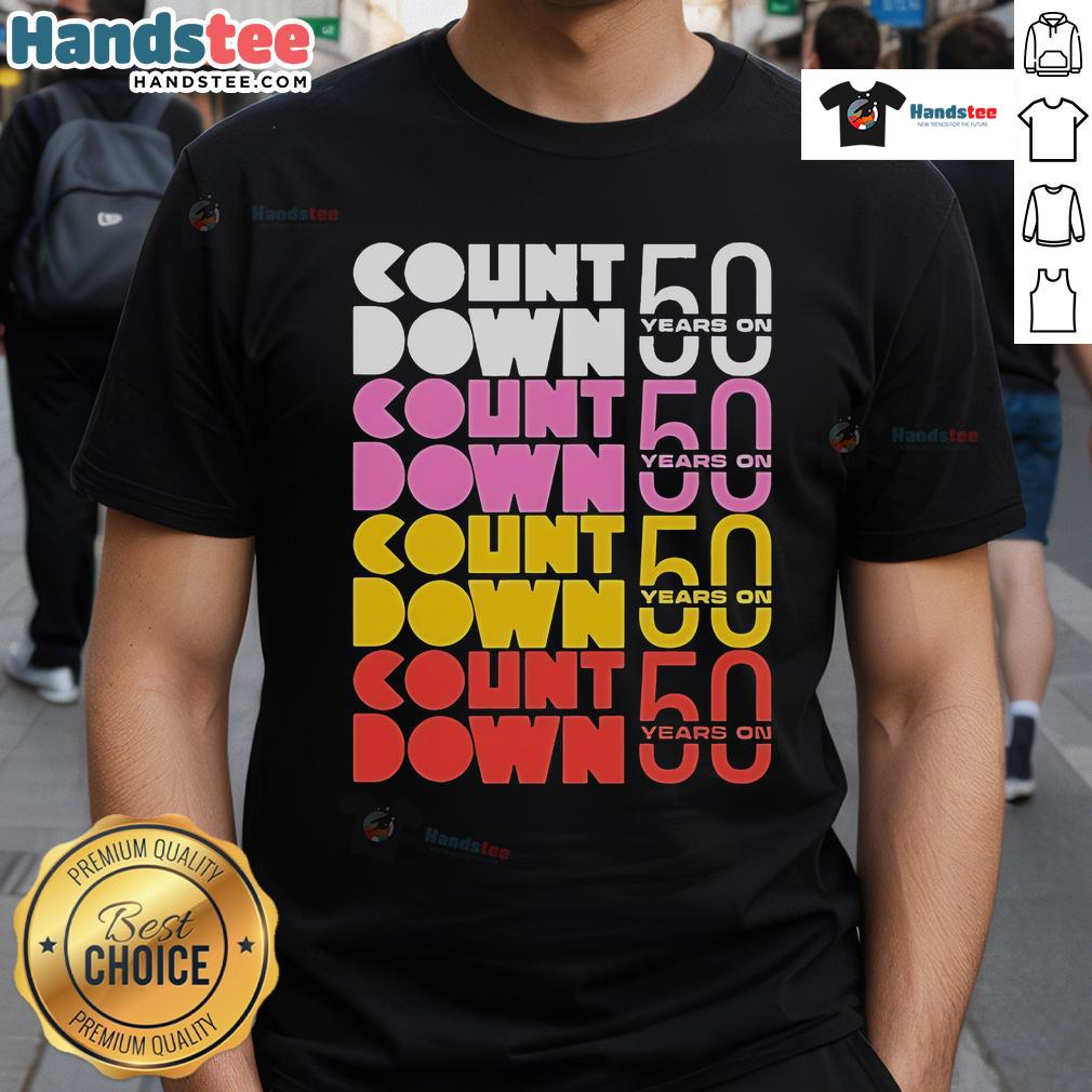 Official Countdown 50 Years On T-Shirt featuring a vibrant design celebrating the 50th anniversary with bold graphics.