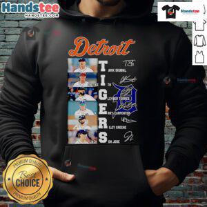 Alt Text: Official Detroit Tigers hoodie featuring signatures of Tarik Skubal, Colt Keith, and Gleyber Torres for fans.