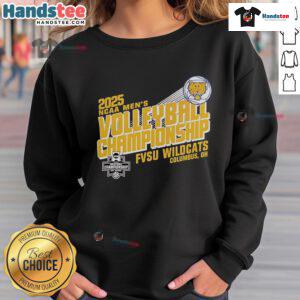 Official FVSU Wildcats 2025 NCAA Men's Volleyball Championship sweatshirt in navy blue with logo and sports design.