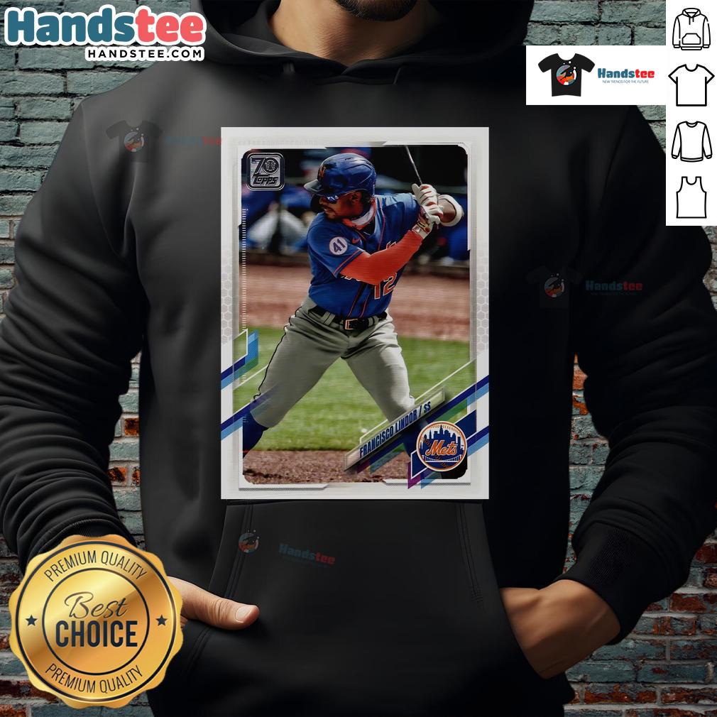 Official Francisco Lindor New York Mets homage 2021 Topps baseball card design on a stylish hoodie.