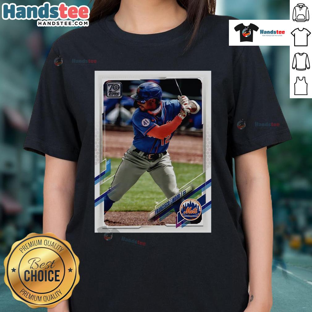 2021 Topps baseball card featuring Francisco Lindor in New York Mets uniform on a ladies tee, celebrating the player.