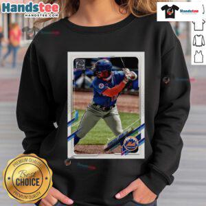 Alt Text: Official Francisco Lindor New York Mets homage sweatshirt featuring 2021 Topps baseball card design.