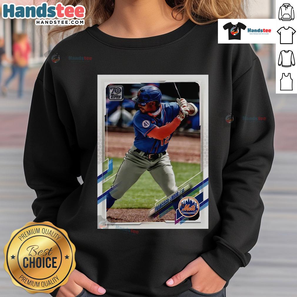 Alt Text: Official Francisco Lindor New York Mets homage sweatshirt featuring 2021 Topps baseball card design.