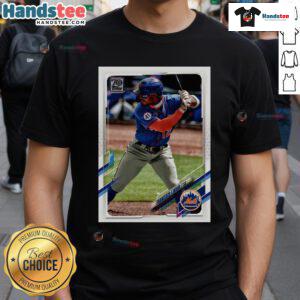 Alt Text: Official Francisco Lindor New York Mets Homage 2021 Topps baseball card player t-shirt featuring vibrant team graphics.