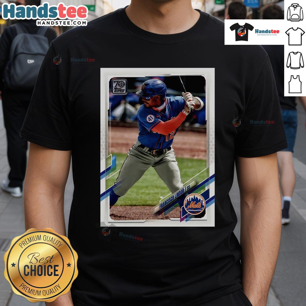 Alt Text: Official Francisco Lindor New York Mets Homage 2021 Topps baseball card player t-shirt featuring vibrant team graphics.
