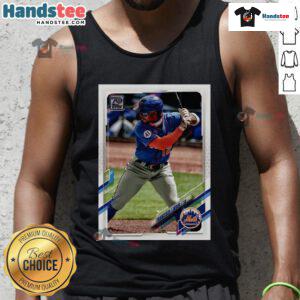 Alt Text: Official Francisco Lindor New York Mets homage 2021 Topps baseball card design on a stylish tank top.