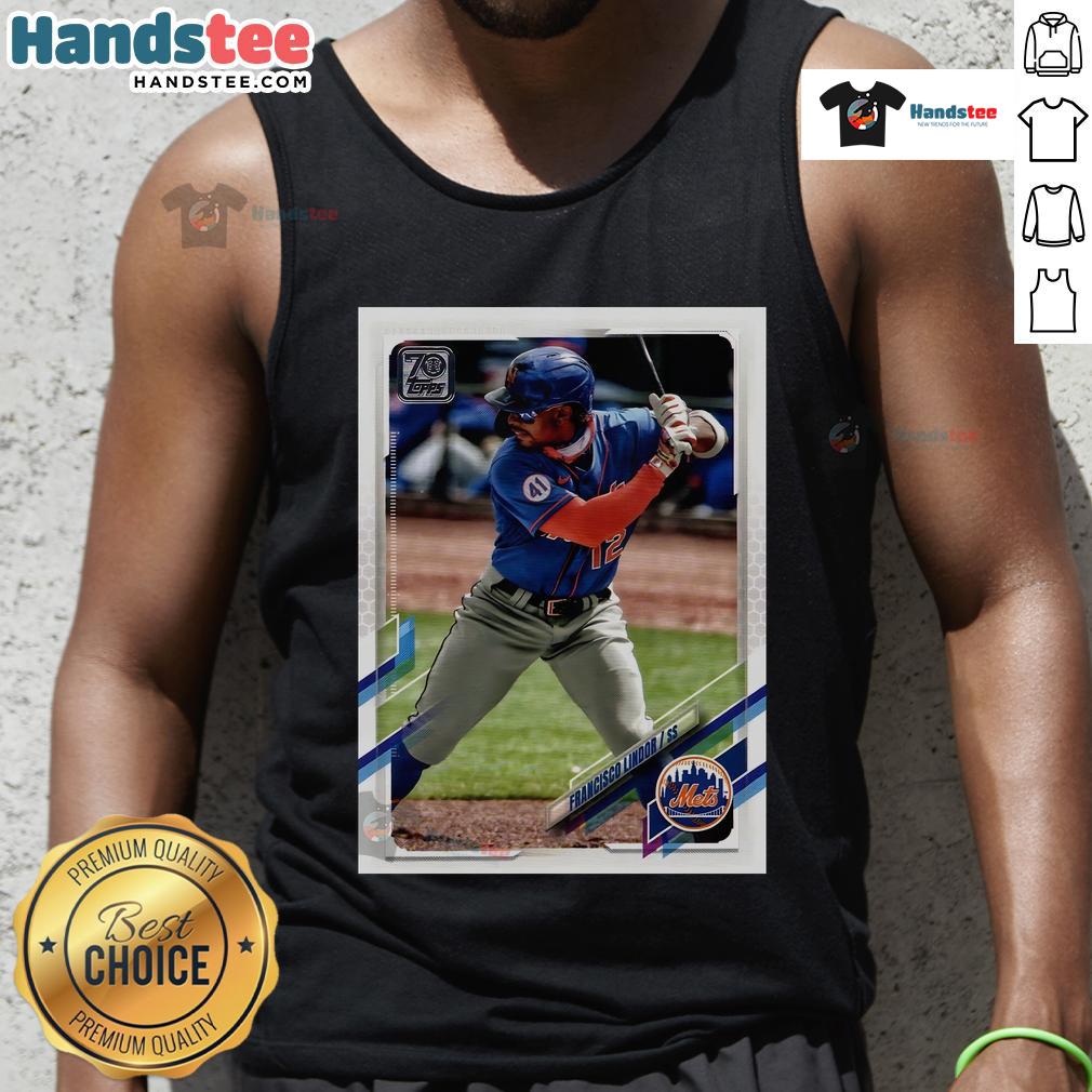 Alt Text: Official Francisco Lindor New York Mets homage 2021 Topps baseball card design on a stylish tank top.