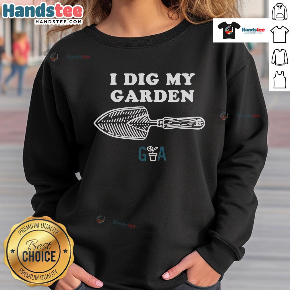 Alt Text: Official Gardening Australia I Dig My Garden sweatshirt in vibrant colors, perfect for gardening enthusiasts.