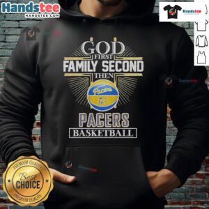 Official God First Family Second Indiana Pacers Basketball Hoodie in navy blue with logo, perfect for fans and casual wear.
