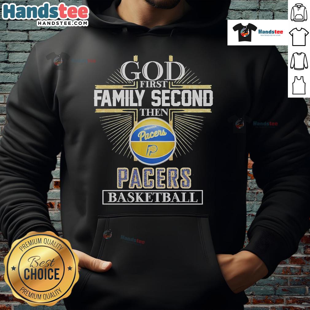 Official God First Family Second Indiana Pacers Basketball Hoodie in navy blue with logo, perfect for fans and casual wear.