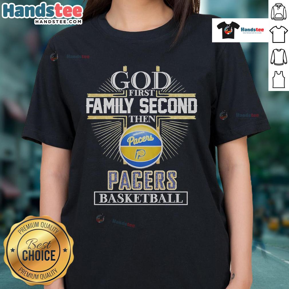 Official God First Family Second Indiana Pacers Basketball Ladies Tee featuring vibrant team colors and stylish design.