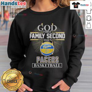 Official God First Family Second Indiana Pacers basketball sweatshirt featuring vibrant team colors and logo.
