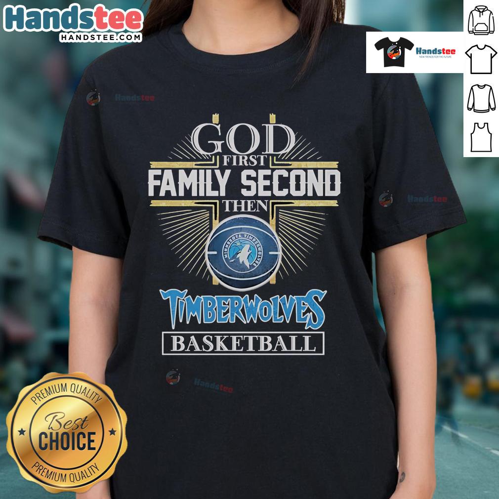 Official God First Family Second Minnesota Timberwolves Basketball Ladies Tee in stylish design, perfect for fans.