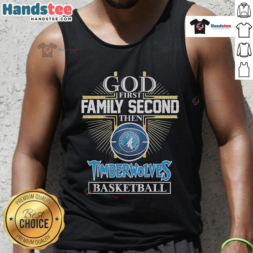 Official God First Family Second Minnesota Timberwolves basketball tank top in vibrant colors, perfect for fans.