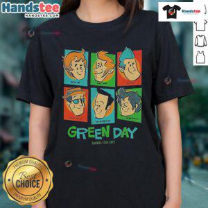 Alt Text: Official Green Day Saviors Tour 2025 Meet the Full Band Ladies Tee featuring vibrant band graphic and tour details.