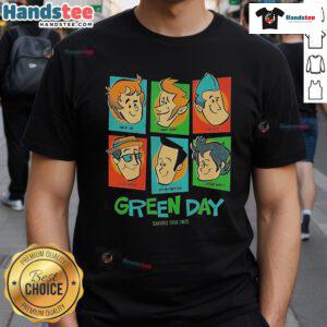 Alt Text: Official Green Day Saviors Tour 2025 Meet The Full Band T-Shirt featuring vibrant band graphics and tour details.