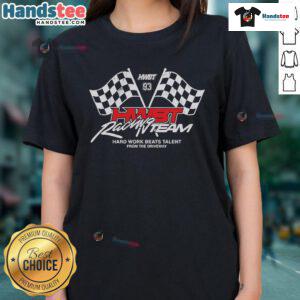 HWBT Racing Team logo on a ladies tee, showcasing 'Hard Work Beats Talent' design for racing enthusiasts.