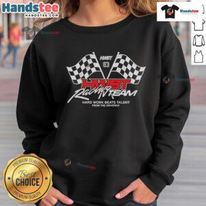Alt Text: Official HWBT Racing Team logo on a Hard Work Beats Talent sweatshirt, showcasing passion for racing and dedication.