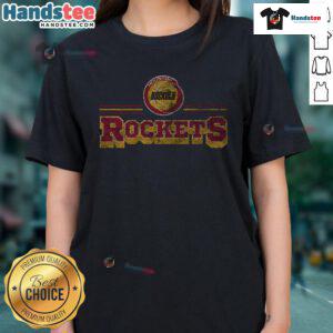 Alt Text: Official Houston Rockets Fan Banner Ladies Tee featuring team colors and logo, perfect for female basketball fans.
