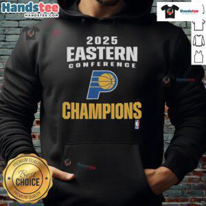 Official Indiana Pacers 2025 NBA Eastern Conference Champions locker room hoodie displayed on a hanger.
