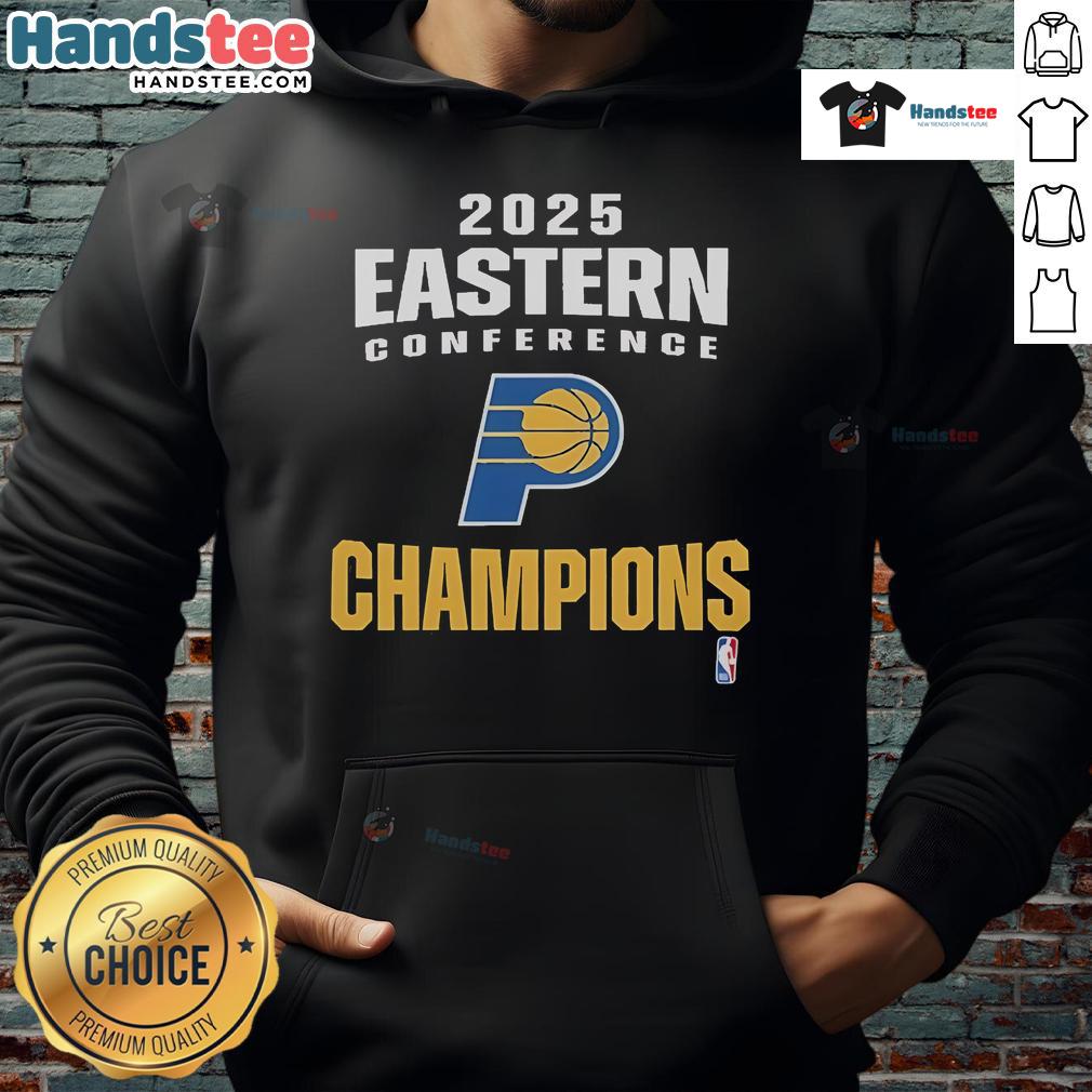 Official Indiana Pacers 2025 NBA Eastern Conference Champions locker room hoodie displayed on a hanger.