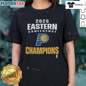 Official Indiana Pacers 2025 NBA Eastern Conference Champions locker room ladies tee featuring team logo and vibrant colors.