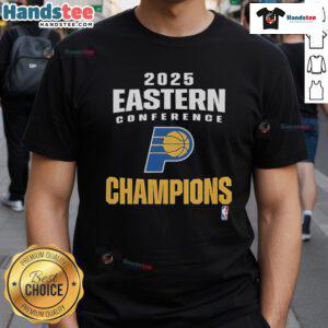 Official Indiana Pacers 2025 NBA Eastern Conference Champions Locker Room T-Shirt, featuring team logo and championship design.