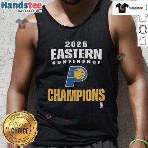 Official Indiana Pacers 2025 NBA Eastern Conference Champions locker room tank top featuring team logo and vibrant colors.