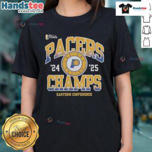 Alt Text: Official Indiana Pacers NBA Finals 2024-2025 Pride Eastern Conference Champions ladies tee in vibrant colors.