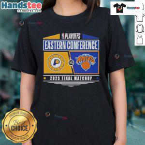 Official Indiana Pacers vs New York Knicks 2025 Eastern Conference Finals NBA Playoffs matchup ladies tee design.