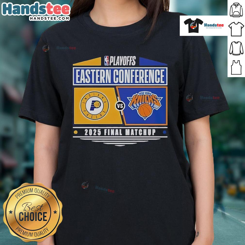 Official Indiana Pacers vs New York Knicks 2025 Eastern Conference Finals NBA Playoffs matchup ladies tee design.