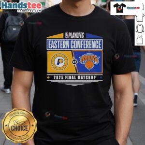 Official Indiana Pacers vs New York Knicks 2025 Eastern Conference Finals NBA Playoffs matchup t-shirt design.