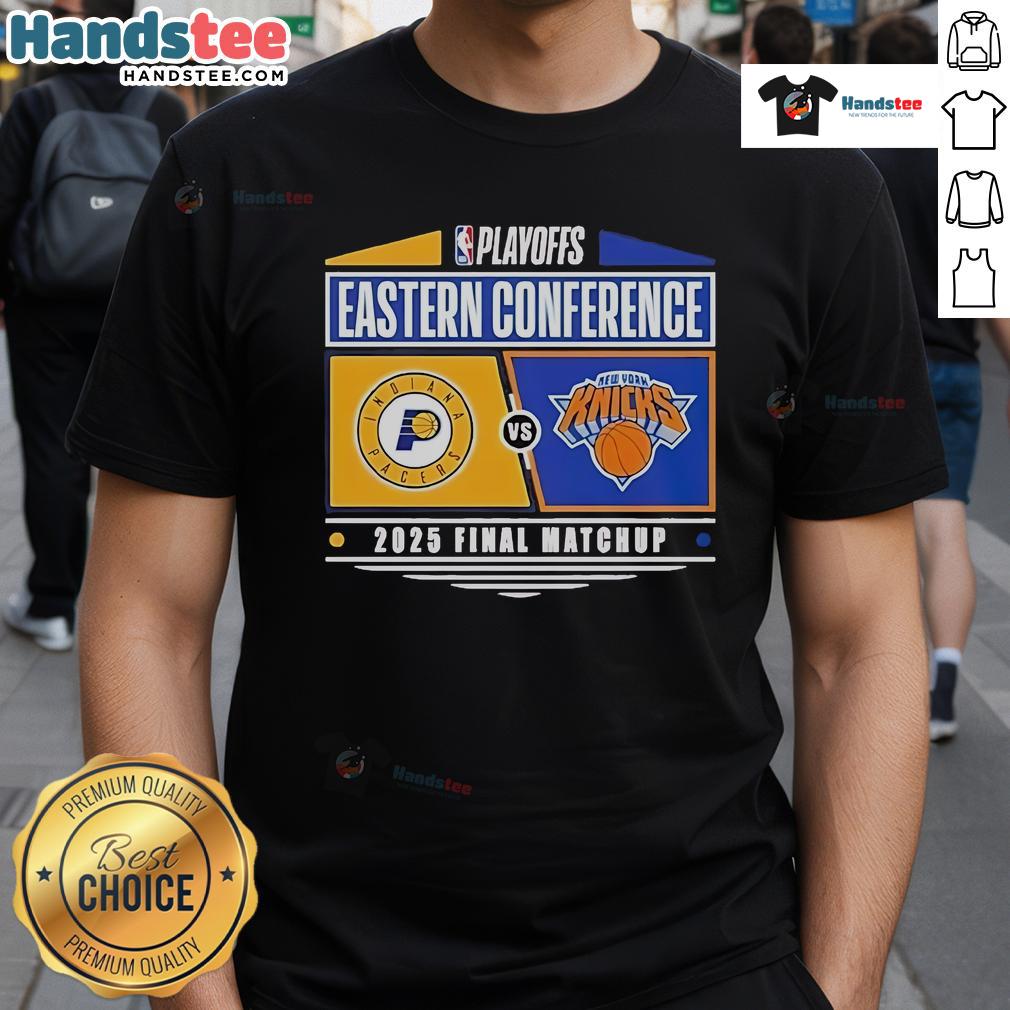 Official Indiana Pacers vs New York Knicks 2025 Eastern Conference Finals NBA Playoffs matchup t-shirt design.