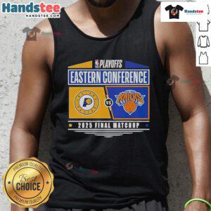 Official Indiana Pacers vs New York Knicks 2025 Eastern Conference Finals NBA Playoffs matchup tank top design.