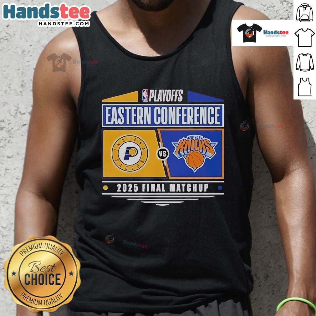 Official Indiana Pacers vs New York Knicks 2025 Eastern Conference Finals NBA Playoffs matchup tank top design.