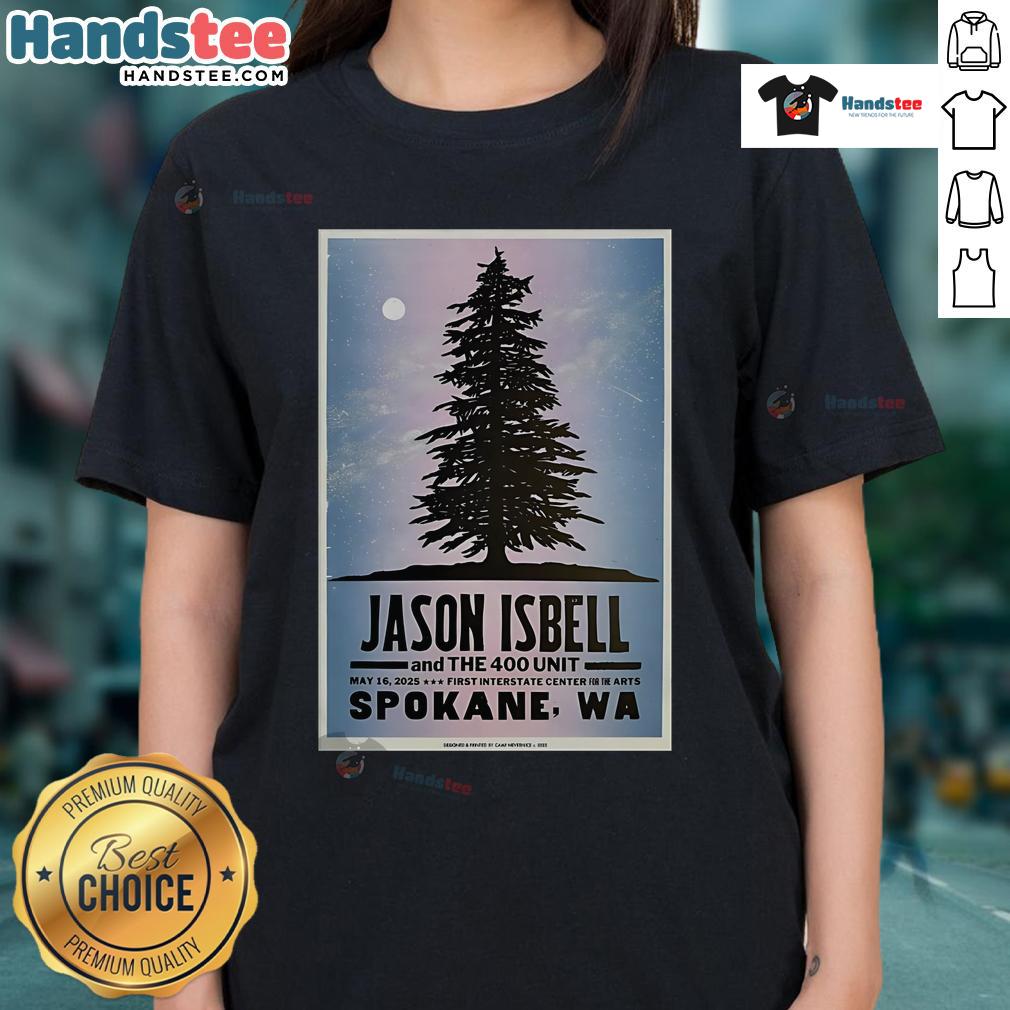 Alt Text: Official Jason Isbell May 16, 2025 concert poster for Spokane, WA, featuring a stylish ladies tee design.