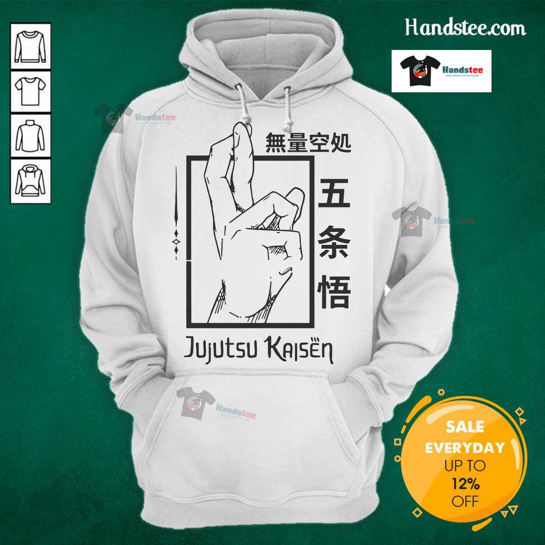 Alt Text: Official Jujutsu Kaisen Hand Gesture Hoodie featuring iconic anime symbols and a stylish design for fans.