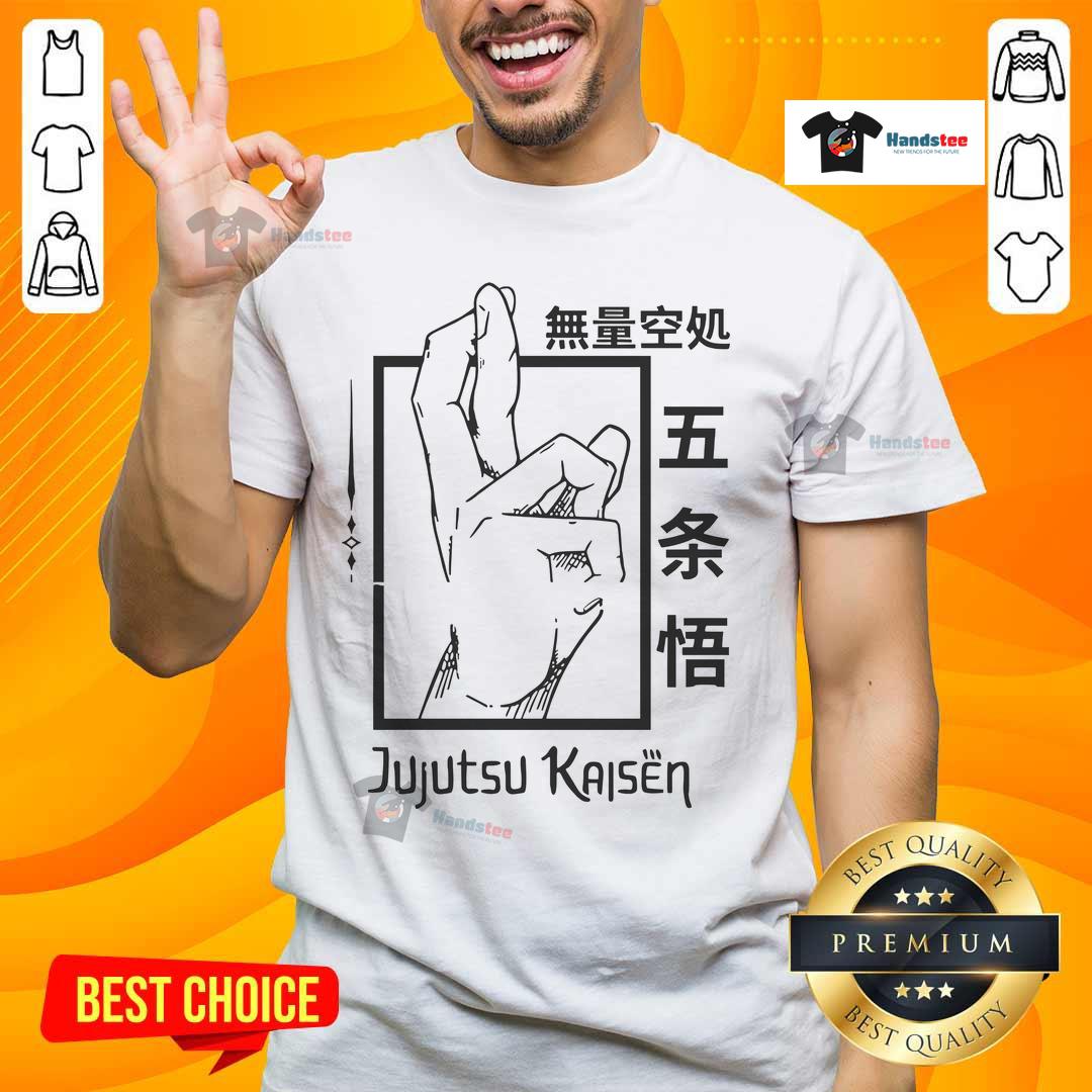 Alt Text: Official Jujutsu Kaisen Hand Gesture T-Shirt featuring iconic anime design and vibrant colors for fans.