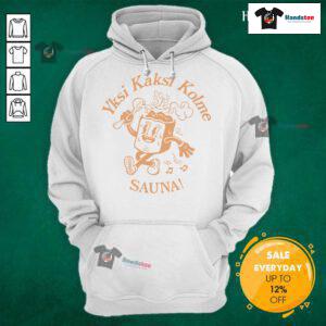 Official Kaj Yksi Kaksi Kolme Sauna Hoodie in stylish design, perfect for cozy relaxation and sauna lovers.