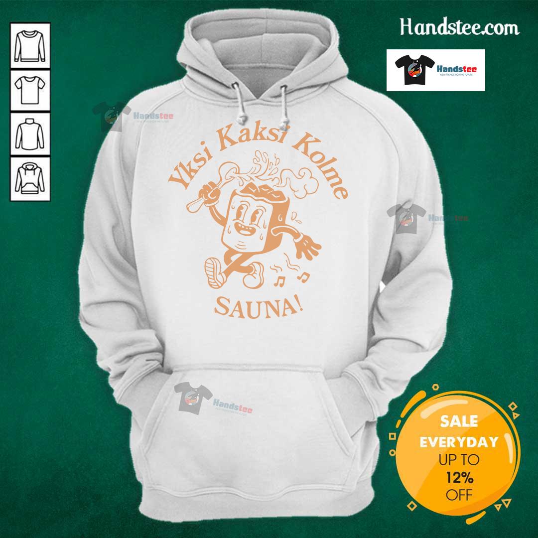 Official Kaj Yksi Kaksi Kolme Sauna Hoodie in stylish design, perfect for cozy relaxation and sauna lovers.