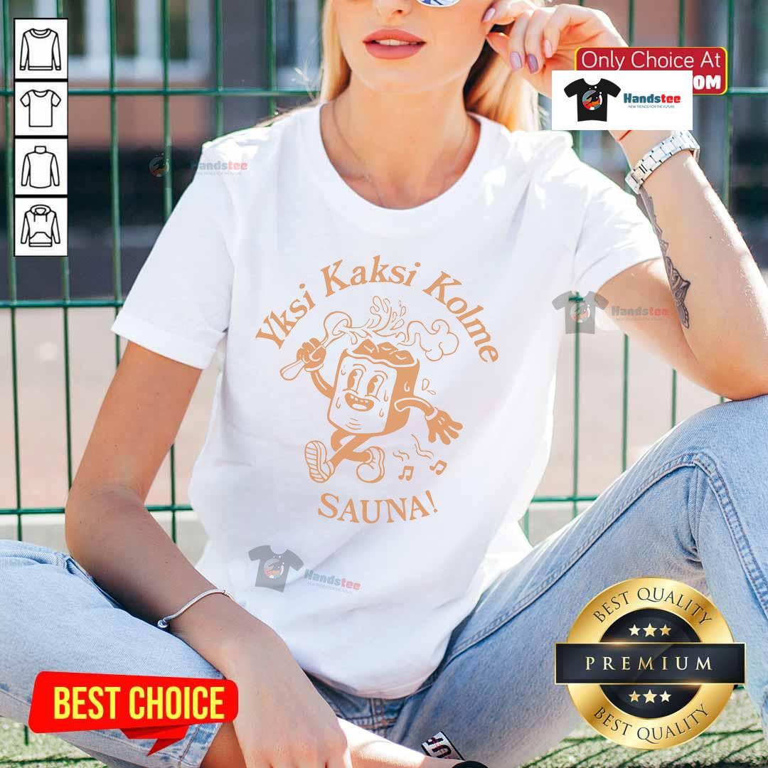 Alt Text: Official Kaj Yksi Kaksi Kolme Sauna Ladies Tee featuring a stylish design for sauna enthusiasts.