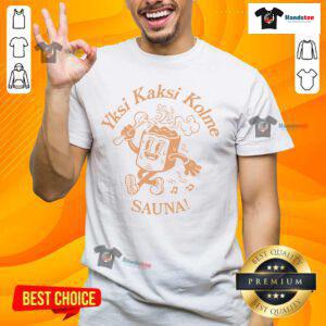 Official Kaj Yksi Kaksi Kolme Sauna T-Shirt featuring a unique design perfect for sauna enthusiasts and fans.