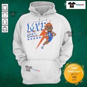 Official MVP SGA playoffs 2025 Oklahoma City Thunder caricature hoodie featuring vibrant graphics and team colors.