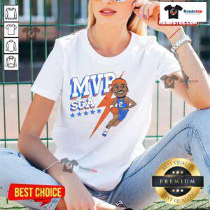Caricature of SGA in Oklahoma City Thunder gear, celebrating MVP status for the 2025 playoffs on a ladies' tee.